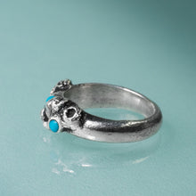 Load image into Gallery viewer, carved and cast sterling silver coral and barnacle ring with sleeping beauty turquoise cabochons by hkm jewelry
