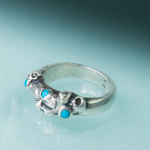 carved and cast sterling silver coral and barnacle ring with sleeping beauty turquoise cabochons by hkm jewelry