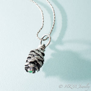 Cast Hemlock Cone Necklace with Emerald by HKM Jewelry