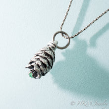 Load image into Gallery viewer, Cast Hemlock Cone Necklace with Emerald by HKM Jewelry
