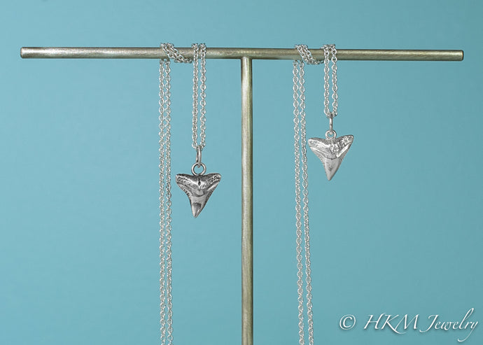 bull shark teeth necklaces cast in polished or oxidized silver by hkm jewelry