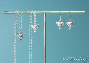bull shark teeth earrings and matching necklaces cast in silver by hkm jewelry