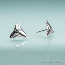Load image into Gallery viewer, front and side view of bull shark tooth tiny stud earrings in sterling silver by hkm jewelry
