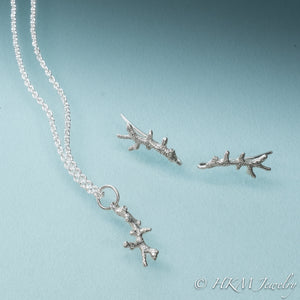 cast florida branch coral in recycled silver on silver chain with matching climber earrings by hkm jewelry