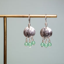 Load image into Gallery viewer, leaf printed roller printed cypress evergreen earrings with green glass beads by hkm jewelry

