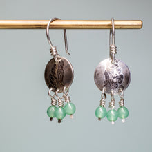 Load image into Gallery viewer, leaf printed roller printed cypress evergreen earrings with green glass beads by hkm jewelry
