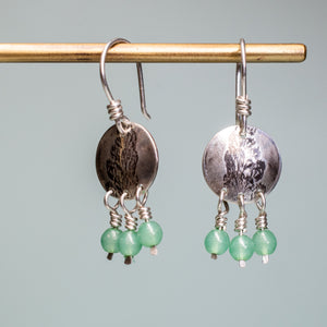 leaf printed roller printed cypress evergreen earrings with green glass beads by hkm jewelry