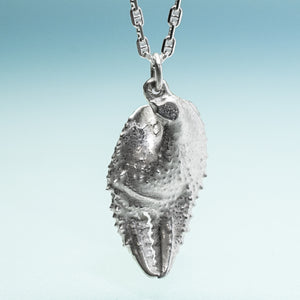back side view of cast silver ghost crab claw in recycled silver on anchor chain by hkm jewelry