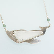 Load image into Gallery viewer, close up of grey whale necklace in sterling silver and sea glass with aventurine beads by hkm jewelry
