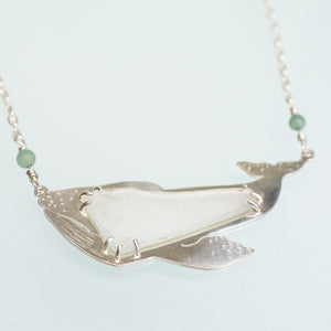 close up of grey whale necklace in sterling silver and sea glass with aventurine beads by hkm jewelry