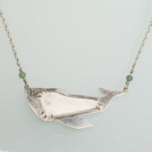 Load image into Gallery viewer, close up of grey whale necklace in sterling silver and sea glass with aventurine beads and anchor chain by hkm jewelry

