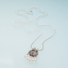 Load image into Gallery viewer, recycled silver hydrangea petal necklace by hkm jewelry with freshwater pearl tassels and bead bail by hali maclaren of hkm jewelry
