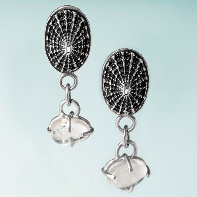 Keyhole Limpet Shell Dangle Stud Earrings with Cape May Diamonds