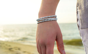 triple stacked twisted rope cuff on a model by Hali MacLaren of hkm jewelry 