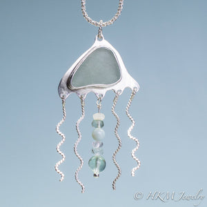 Sea Glass Jellyfish Necklace - Semi Precious Ocean Creature - Silver and Gem Tentacles