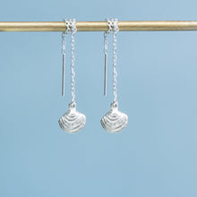 Load image into Gallery viewer, Little Neck Clam Threader Earrings - Cast Silver Shell Drops
