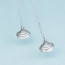 Load image into Gallery viewer, Little Neck Clam Threader Earrings - Cast Silver Shell Drops
