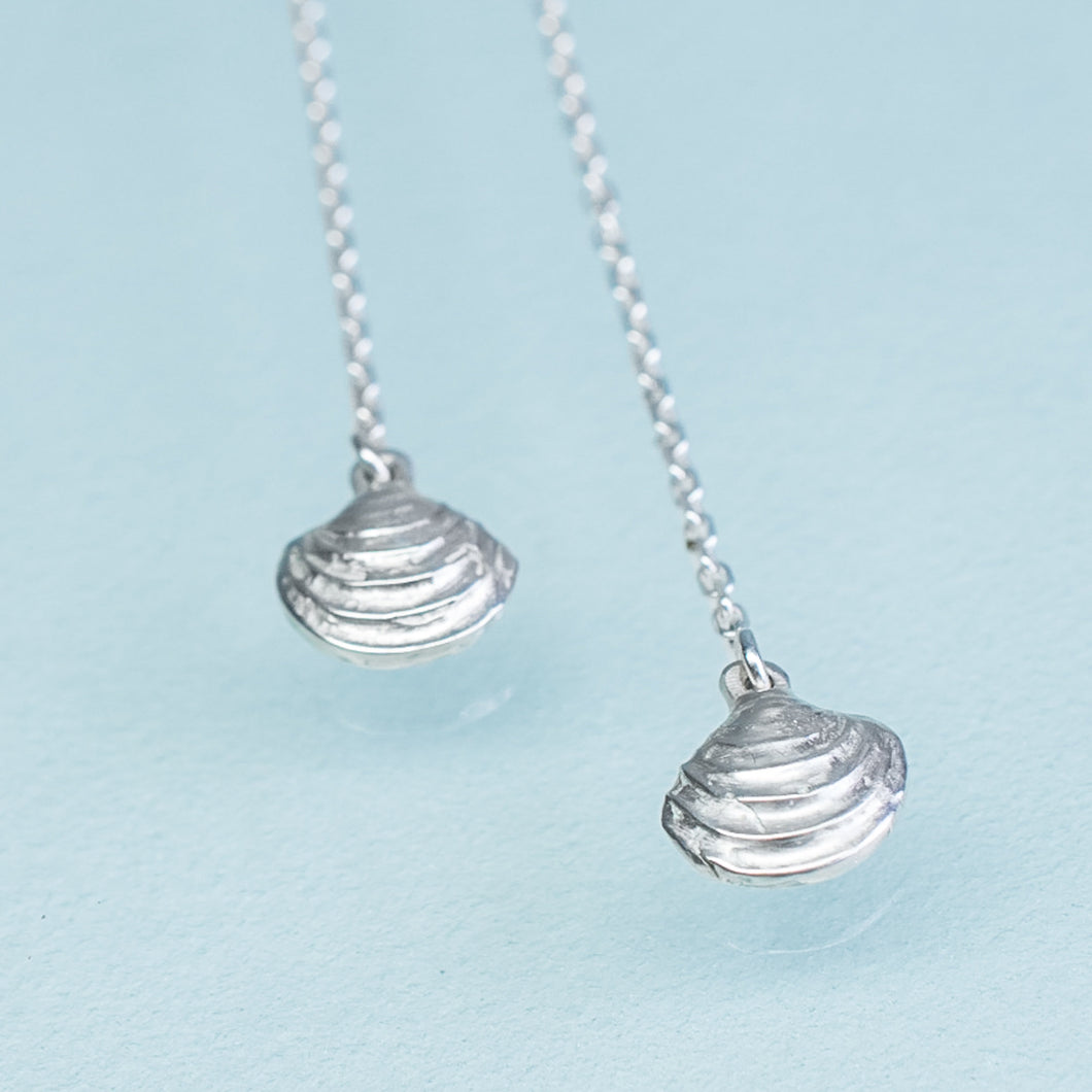 Little Neck Clam Threader Earrings - Cast Silver Shell Drops