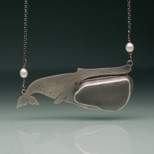 Load image into Gallery viewer, Sea Glass Blue Whale Necklace - Oxidized Sterling Silver Ocean Creature
