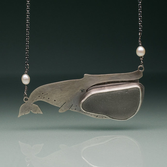 Sea Glass Blue Whale Necklace - Oxidized Sterling Silver Ocean Creature