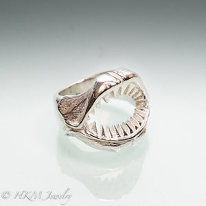polished finish Shark Jaws Ring Band in recycled sterling silver front view by hkm jewelry