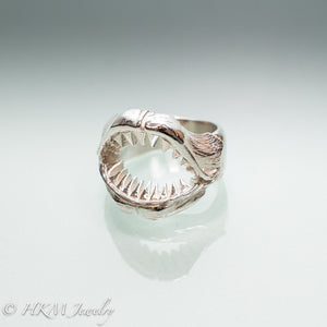 polished finish Shark Jaws Ring Band in recycled sterling silver side view by hkm jewelry