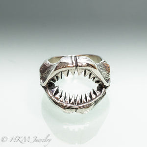 Shark Jaws Ring Band in recycled sterling silver front view by hkm jewelry