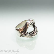 Load image into Gallery viewer, Oxidized Shark Jaws Ring Band in recycled sterling silver side view by hkm jewelry
