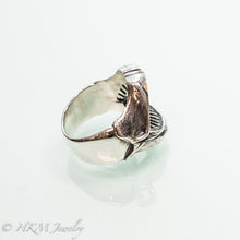 Load image into Gallery viewer, oxidized Shark Jaws Ring Band in recycled sterling silver side view by hkm jewelry
