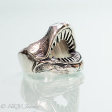 Load image into Gallery viewer, hand carved and cast Shark Jaws Ring Band in recycled sterling silver side view in oxidized finish  by hkm jewelry
