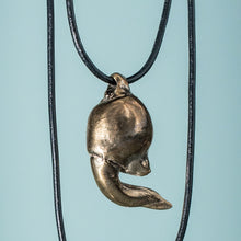 Load image into Gallery viewer, cast bronze oxidized lucky bone horseshoe crab claw necklace on leather cord by hali maclaren of hkm jewelry 
