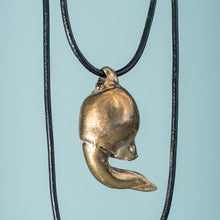 Load image into Gallery viewer, cast bronze polished lucky bone horseshoe crab claw necklace on leather cord by hali maclaren of hkm jewelry 
