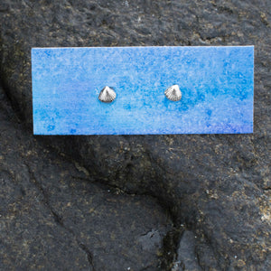 cast silver mini clam shell stud earrings on a watercolor earring card and jetty rock by Hali MacLaren of HKM Jewelry