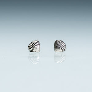 cast silver mini clam shell stud earrings by Hali MacLaren of HKM Jewelry