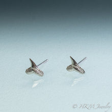 Load image into Gallery viewer, side view of mini lemon shark teeth stud earrings cast in silver by hali maclaren of hkm jewelry
