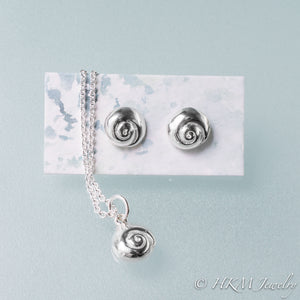 matching moon snail swirl shell necklace and stud earrings in silver by hkm jewelry