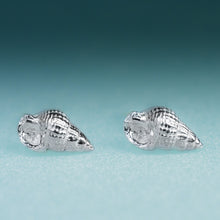 Load image into Gallery viewer, Cast silver Threeline Mudsnail Studs - Mini Silver Nassa Shell Earrings by Hali MacLaren of HKM Jewelry
