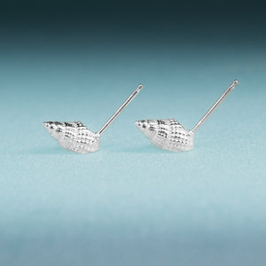 Threeline Mudsnail Studs side view - Mini Silver Nassa Shell Earrings by Hali MacLaren of HKM jewelry