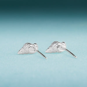Threeline Mudsnail Studs back view - Mini Silver Nassa Shell Earrings by Hali MacLaren of HKM jewelry