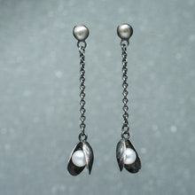 Load image into Gallery viewer, mussel shell dangle earrings with freshwater pearl in oxidized silver by hkm
