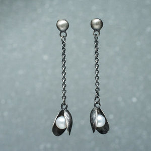 mussel shell dangle earrings with freshwater pearl in oxidized silver by hkm