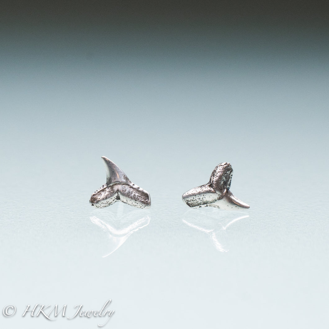 mini lemon shark teeth stud earrings cast in silver in oxidized finish by hali maclaren of hkm jewelry
