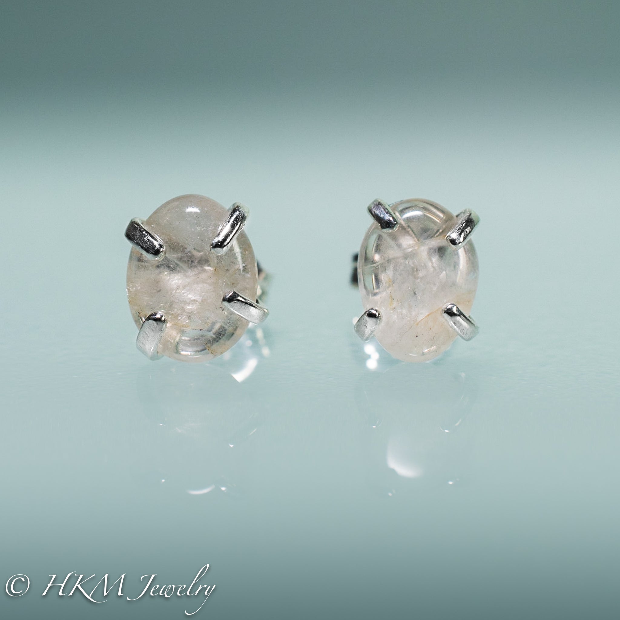 Moonstone Earring Studs 2 Side Opal Earrings Gold Settings and Silver Pin