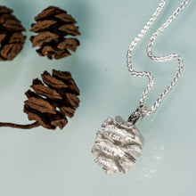 Load image into Gallery viewer, cast pine cone necklace dawn redwood coastal sequoia pinecone in recycled silver by hkm jewelry
