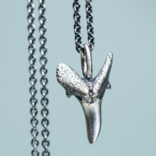 Load image into Gallery viewer, cast oxidized sterling silver fossilized sand tiger shark tooth on cable chain by hkm jewelry
