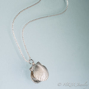 bay scallop shell necklace with freshwater pearl in recycled silver by hkm jewelry