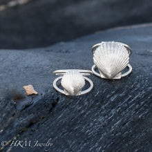 Load image into Gallery viewer, small or large scallop shell ring with split shank band in sterling by HKM Jewelry

