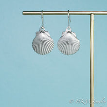 Load image into Gallery viewer,  large polished scallop shell dangle earrings in sterling silver by hkm jewelry
