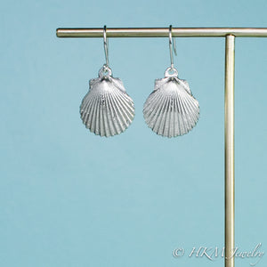  large polished scallop shell dangle earrings in sterling silver by hkm jewelry