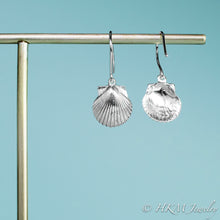 Load image into Gallery viewer, back and front view of the small polished scallop shell dangle earrings in sterling silver by hkm jewelry
